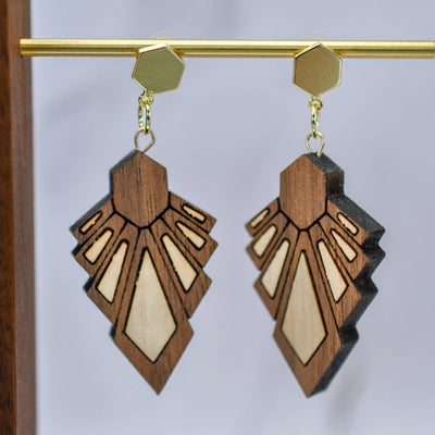 Art Deco wood earrings in Walnut, geometric angular design with gold-plated earwire