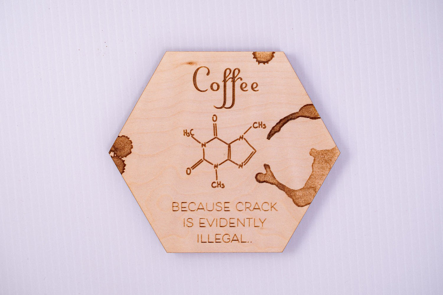 Caffeine molecule wood coaster laser-engraved on Maple with cork backing, handmade in Ohio
