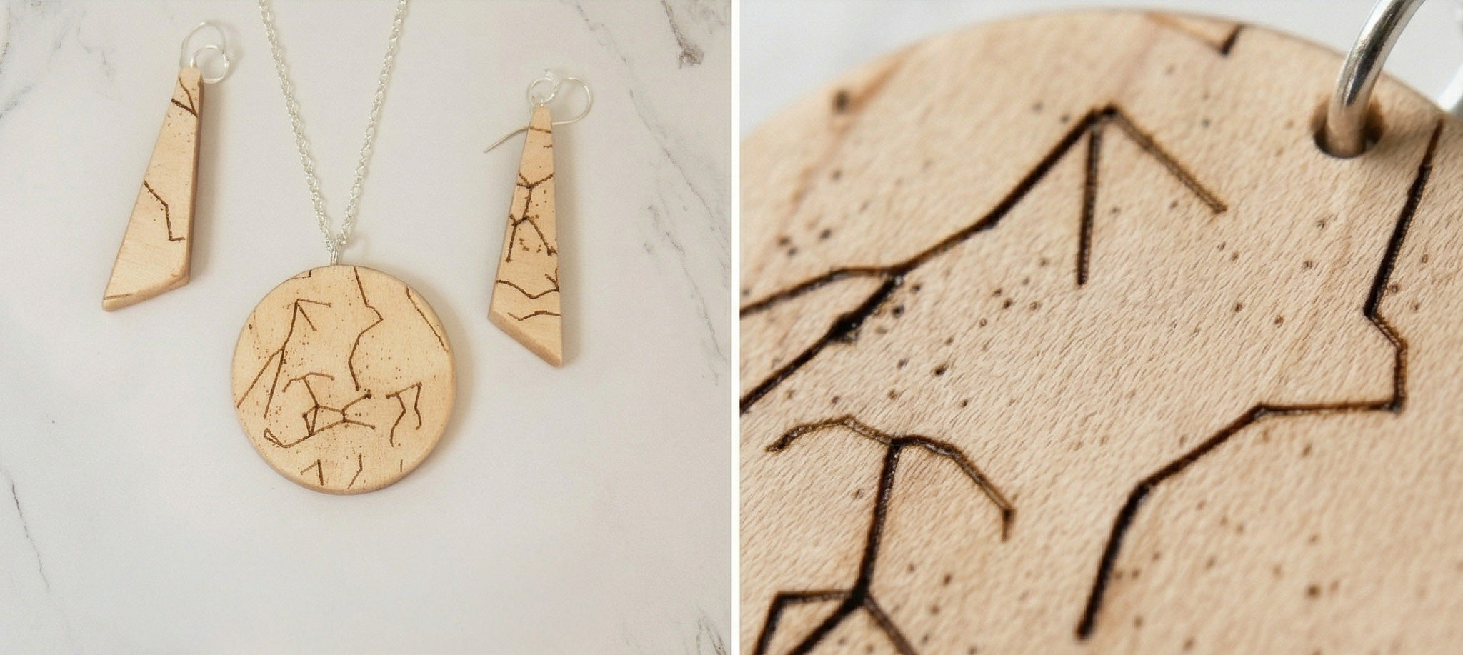 A wooden jewelry set with mountain designs, featuring a round pendant necklace and matching triangular earrings. Shown close up and being worn by a person in a beige sweater.