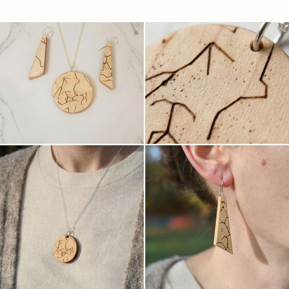 A wooden jewelry set with mountain designs, including a round pendant necklace and triangular earrings. Close-ups show the engraved pattern, and models wear the necklace and one earring.