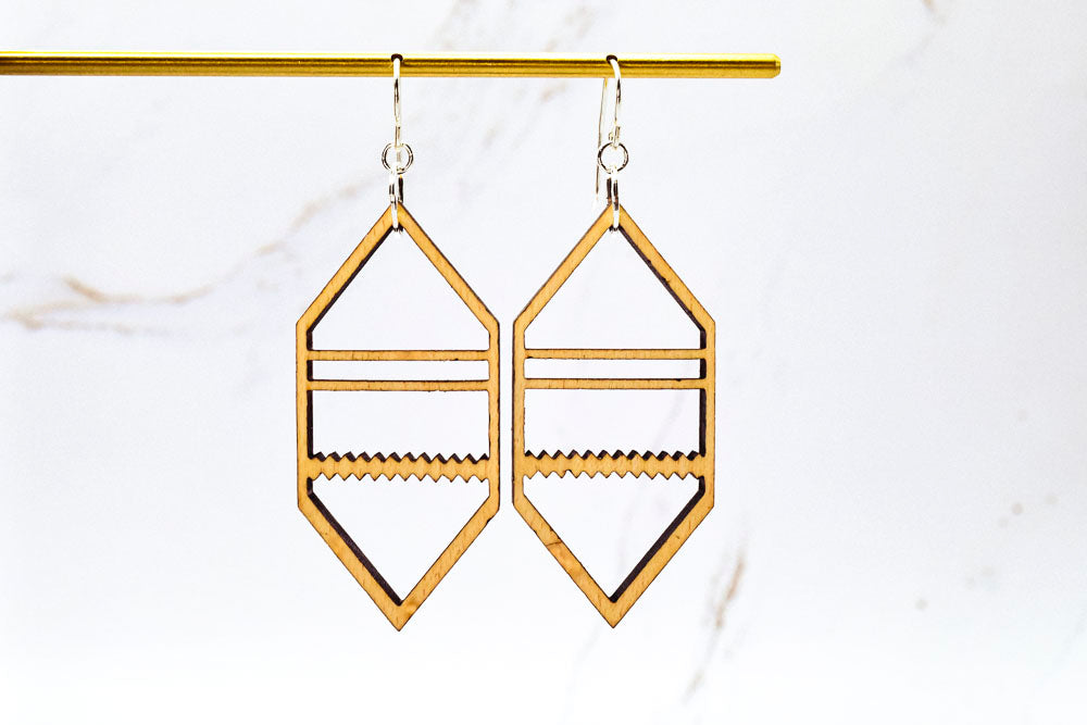 Lightweight handmade wood earrings by PRWMade in geometric stud drop and Art Deco styles from sustainably sourced hardwood