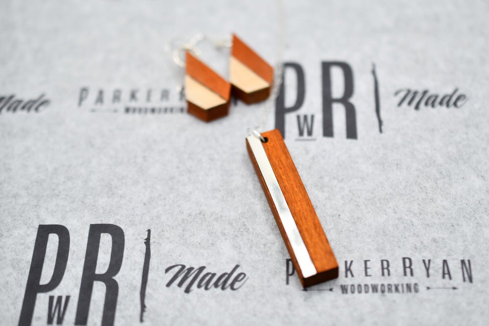Curated handmade wood jewelry gift sets by PRWMade with matching earrings and necklaces in coordinated species