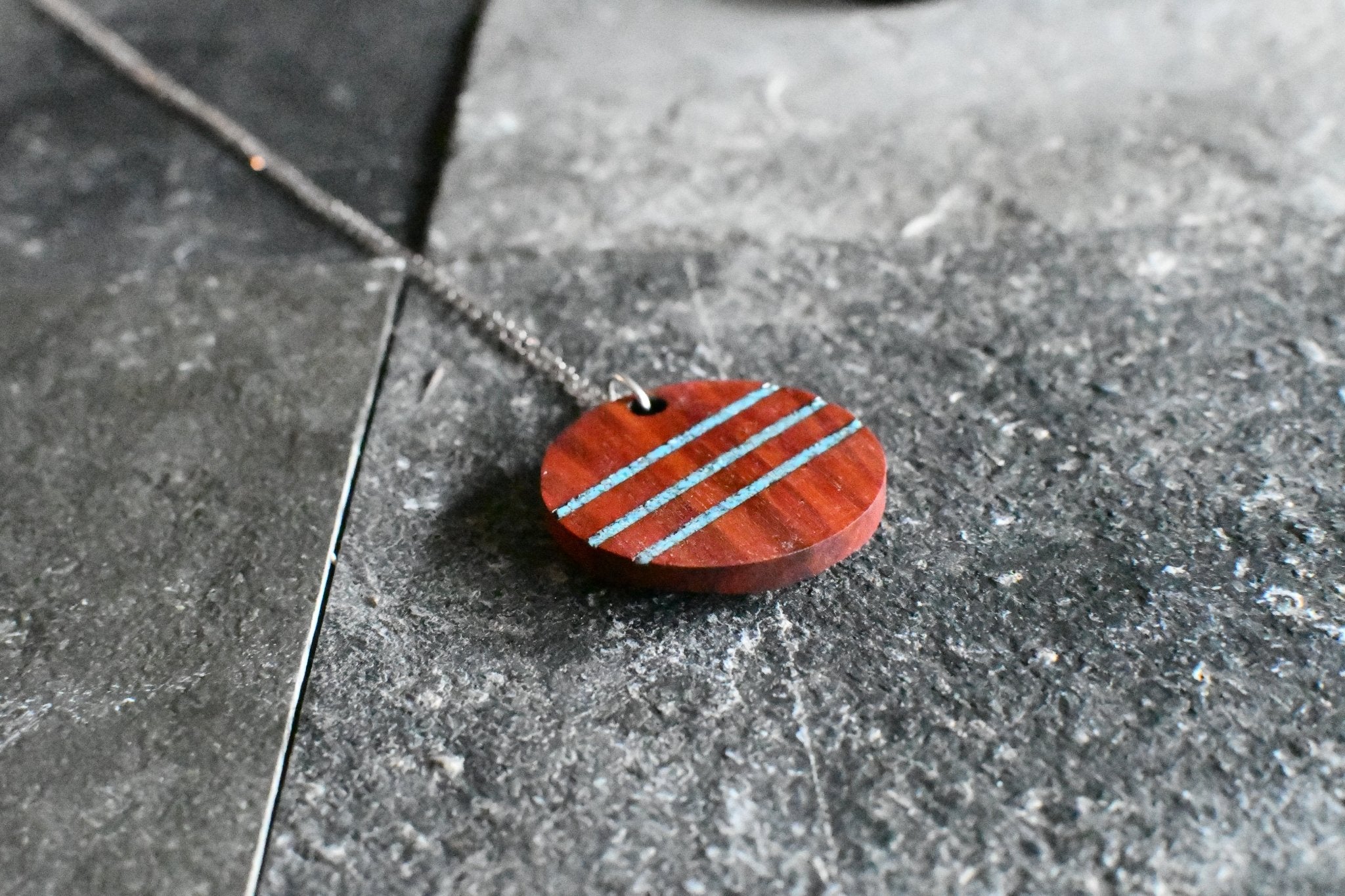 Handcrafted wood and stone inlay pendant necklaces by PRWMade on sterling silver chains
