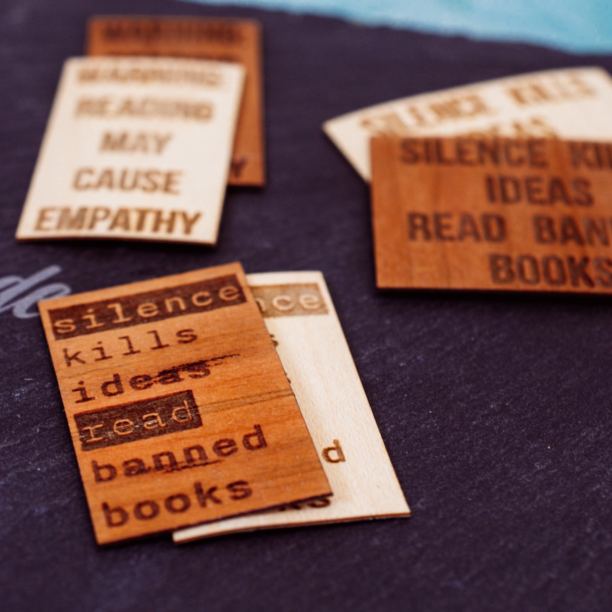 Engraved real wood stickers by PRWMade in Maple Cherry and Hickory with permanent adhesive backing