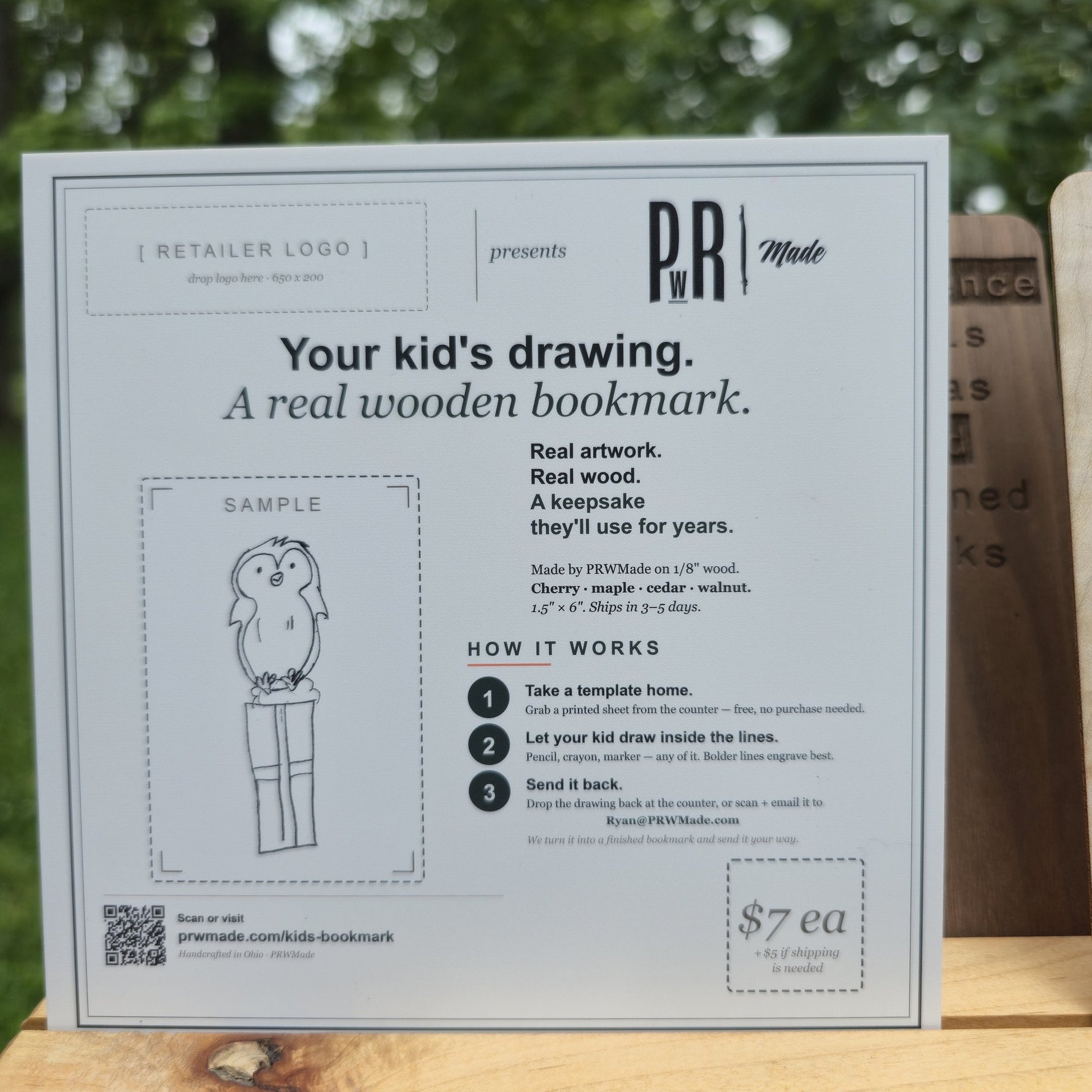 Co-branded acrylic product card with retailer logo slot for the PRWMade kids drawing bookmark counter display