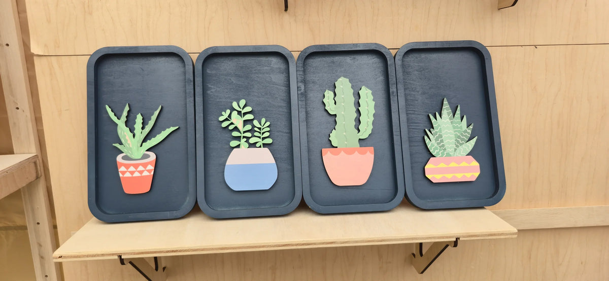 4 Panel Succulent Wall Art - full set of four wood panels