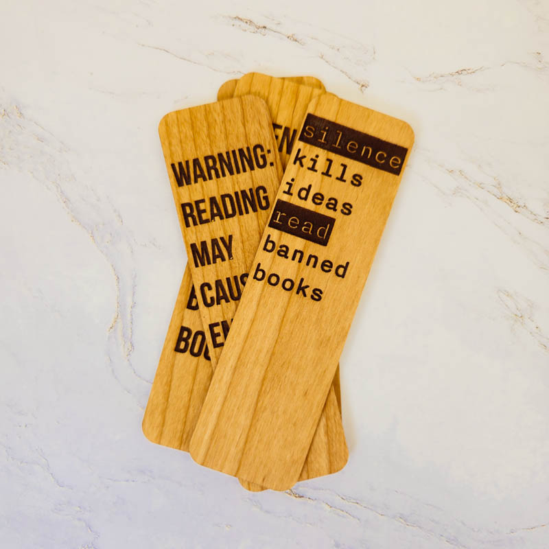 Sixteen-piece wooden bookmark counter display in assorted hardwoods, handmade in Ohio by PRWMade
