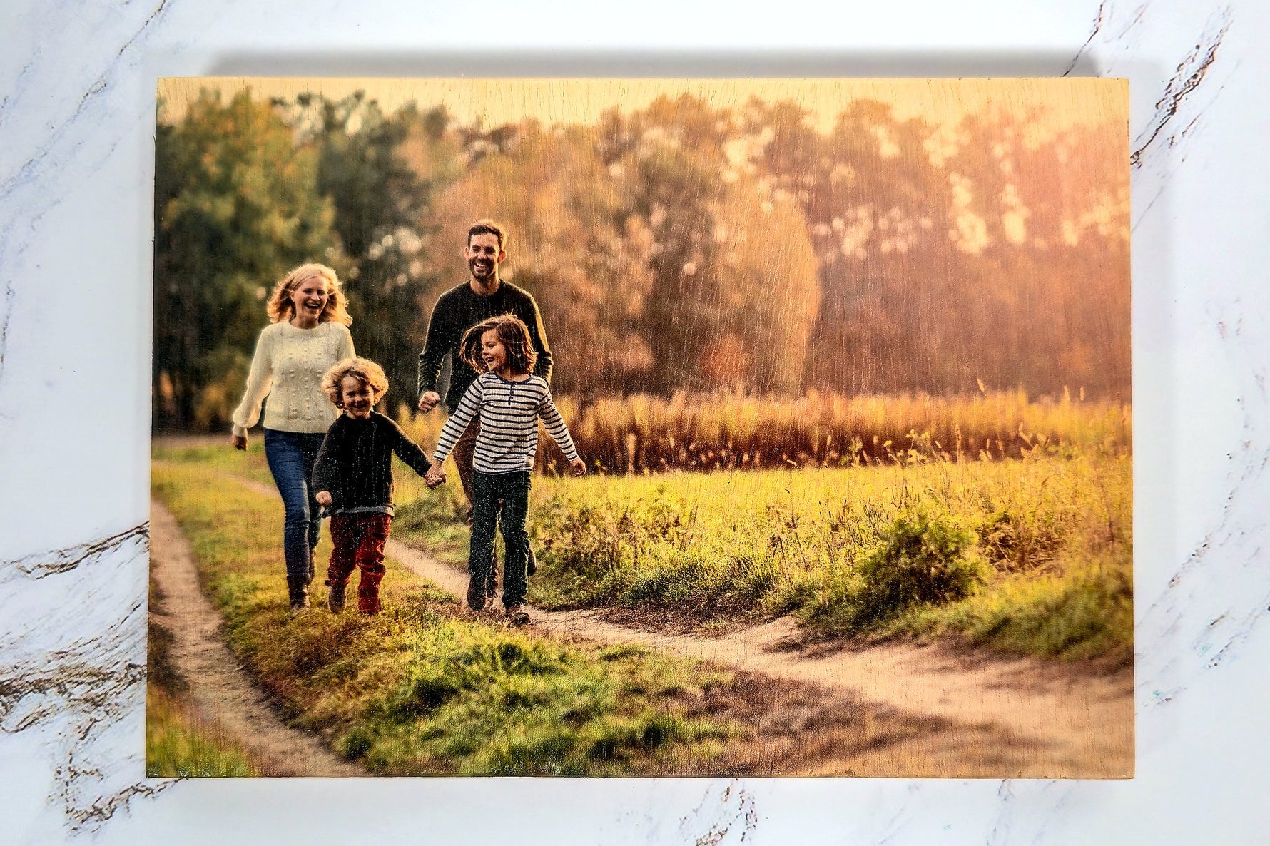 Family Walk photo printed on 11x14 Baltic birch panel (5x7 sample shown)