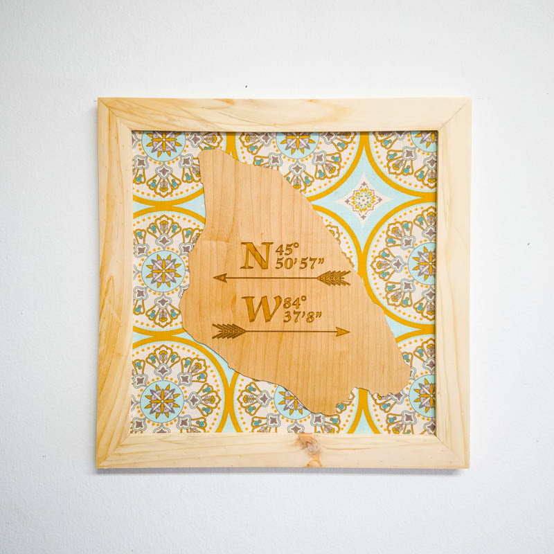 Personalized coordinates wall art with laser-engraved latitude and longitude on hand-cut wood frame