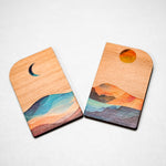 Sun and moon wood magnets UV-printed in full color on alder, handmade in Ohio by PRWMade