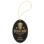 Black/Gold Laserable Leatherette Oval Ornament with Gold String