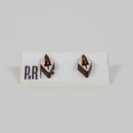 Handmade wood stud earrings with geometric shape, laser-engraved pine tree design, natural finish, hypoallergenic posts.
