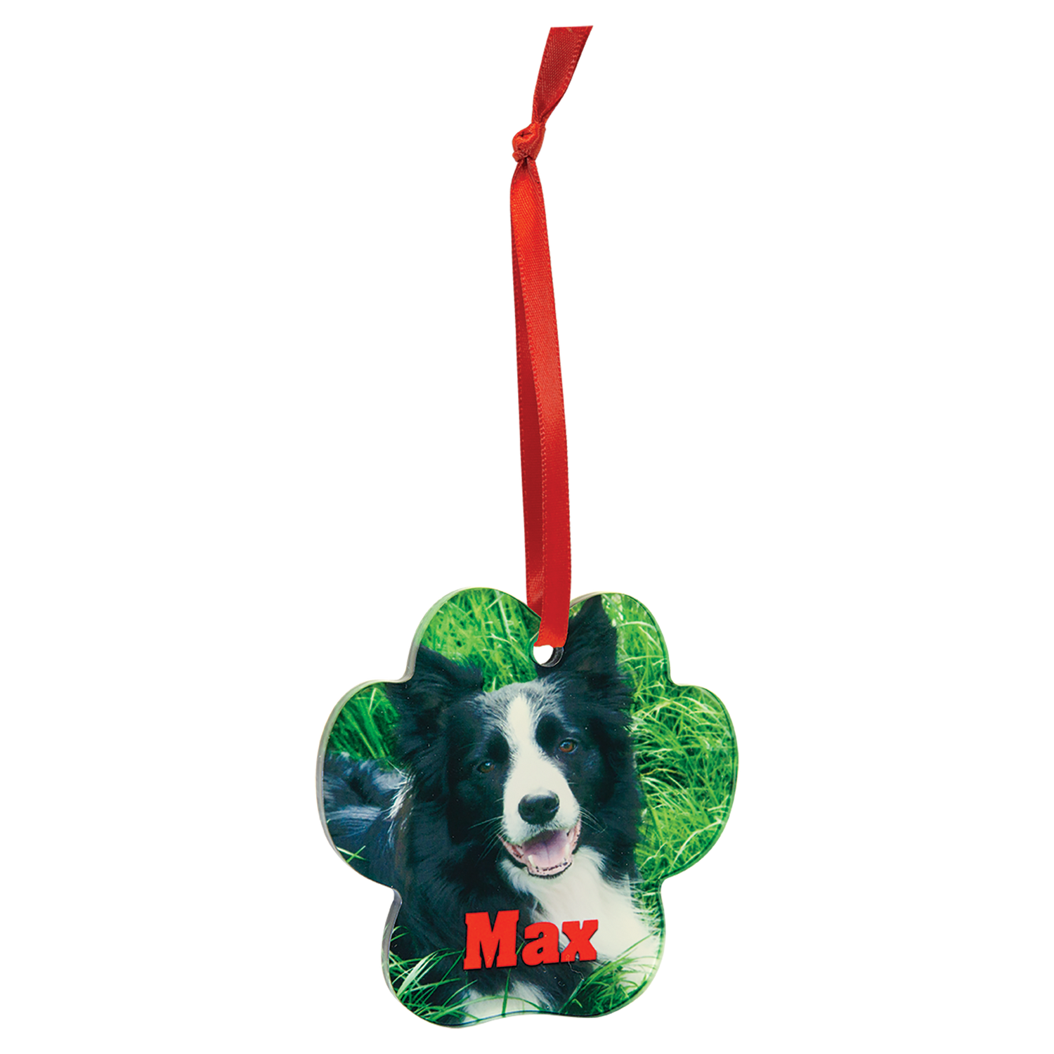 3 3/4" x 3 1/2" Paw Sublimatable Acrylic Ornament with Red Ribbon