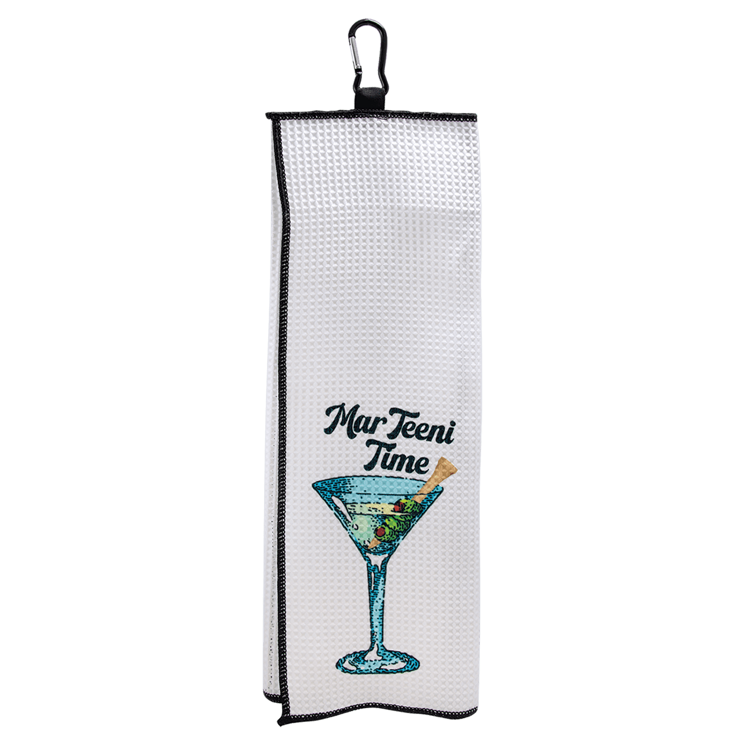 17" x 17" White Trifold Sublimatable Golf Towel with Black Border and Carabiner