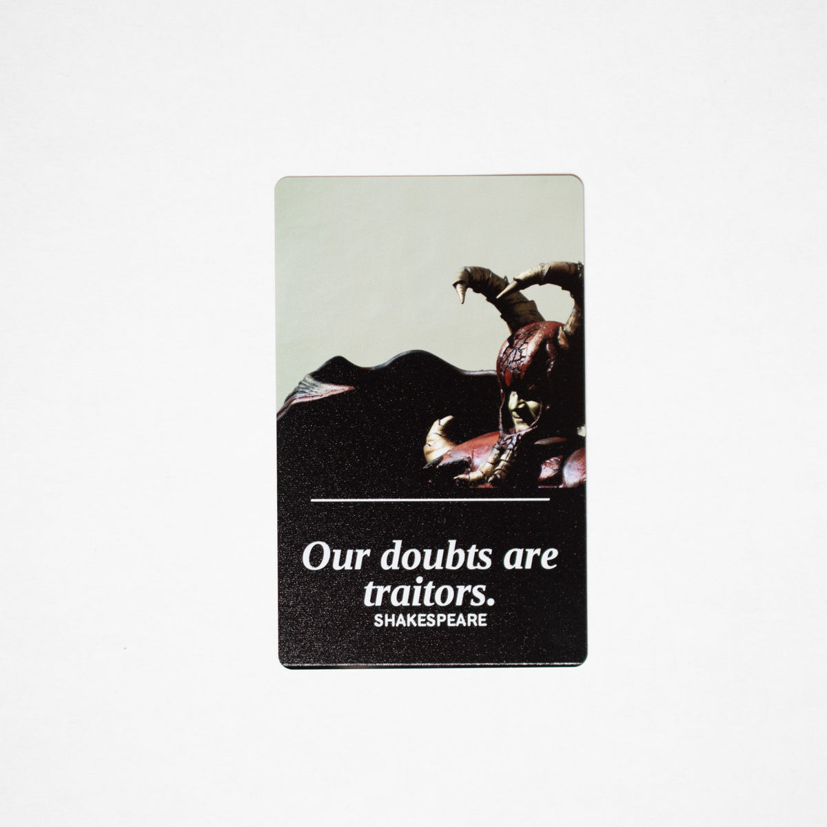 Our Doubts metal bookmark, Shakespeare quote on black aluminum with horned figurine photo