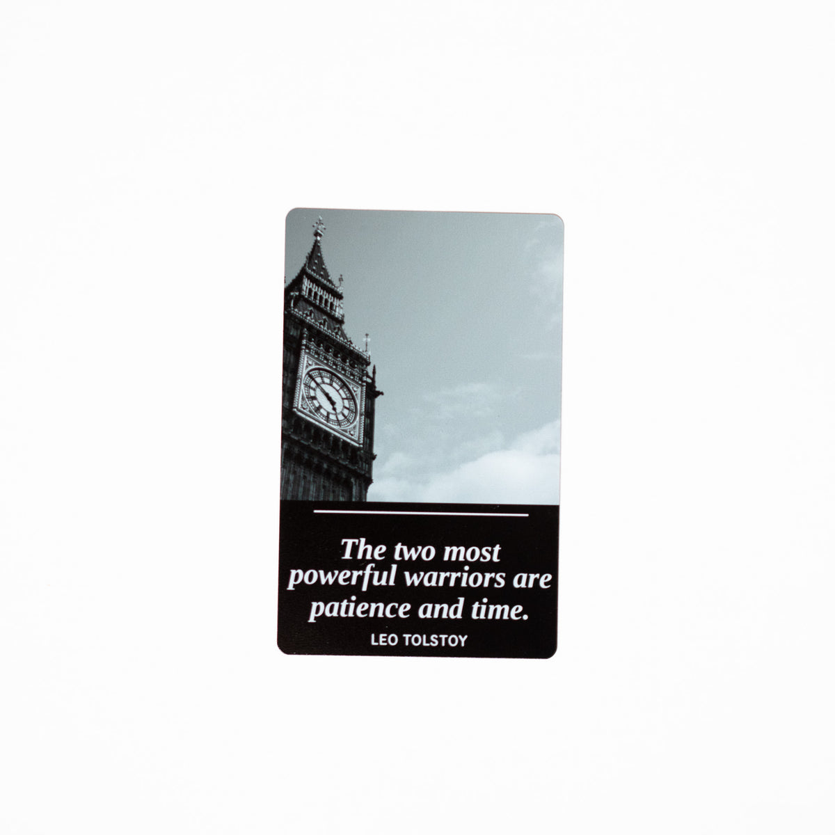 Patience and Time metal bookmark, Leo Tolstoy quote on black aluminum, Big Ben photo