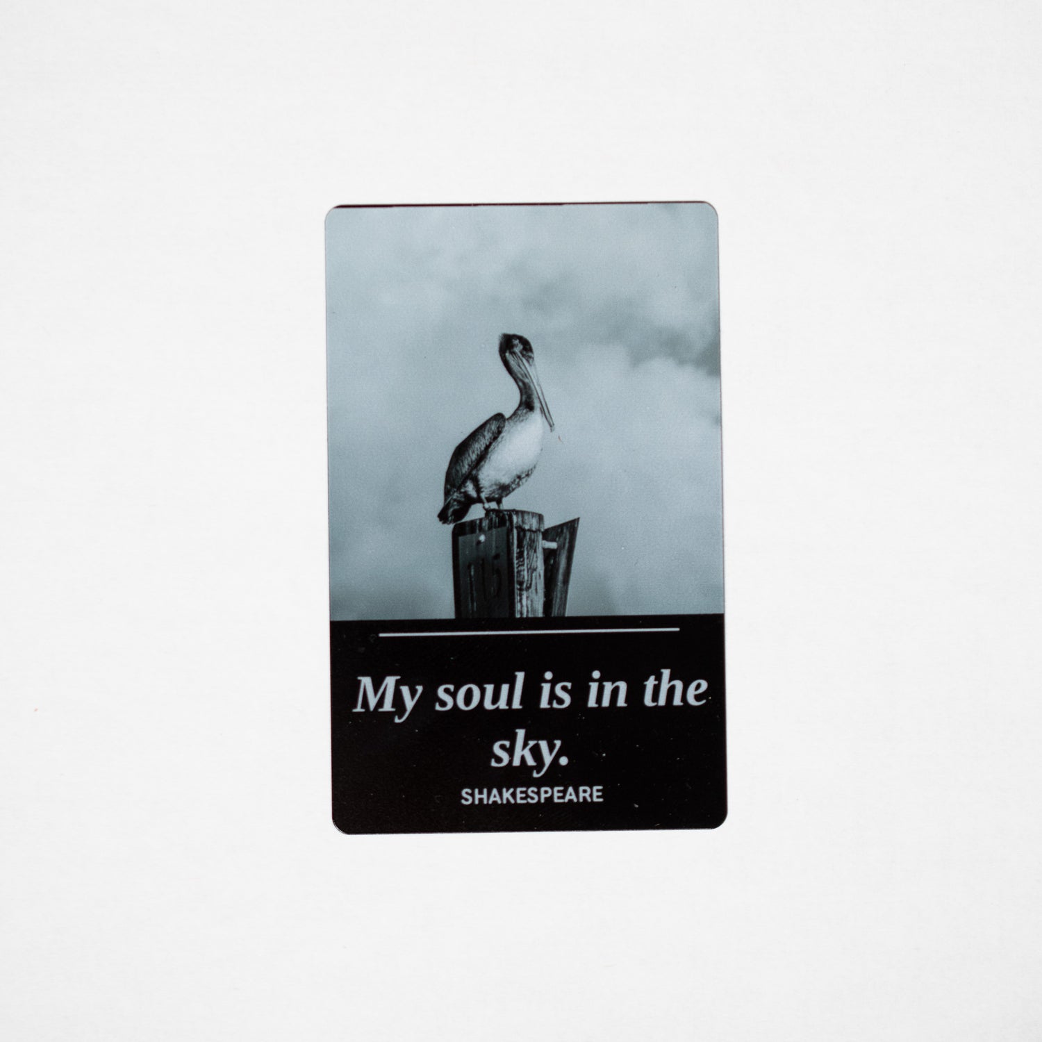 My Soul Is in the Sky metal bookmark, Shakespeare quote on black aluminum, pelican photo