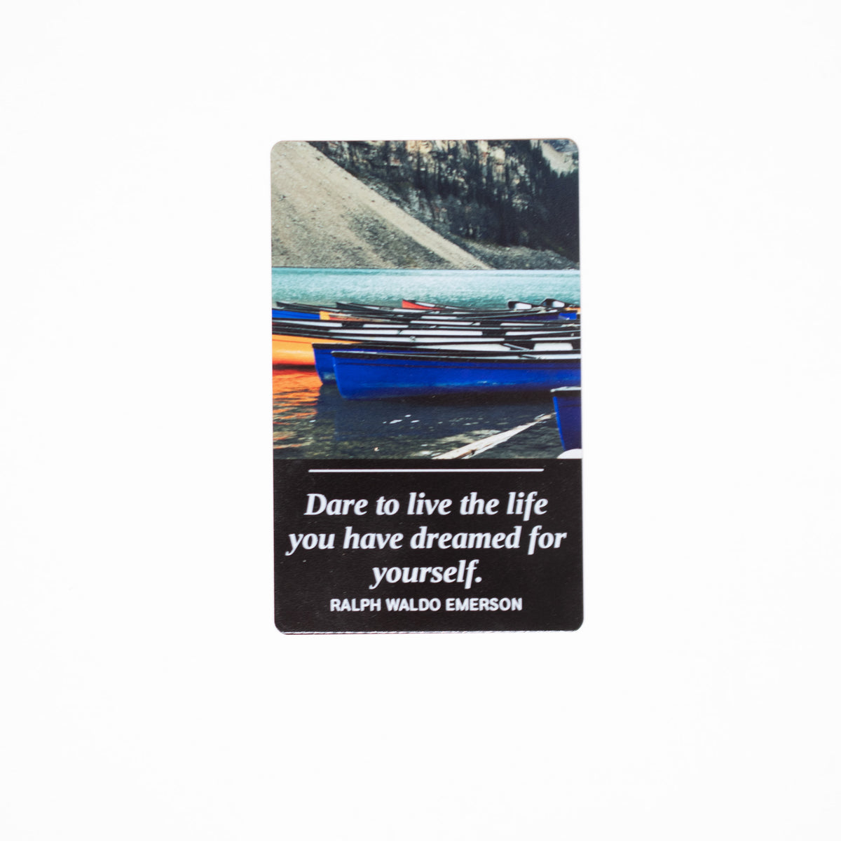 Dare to Live the Life metal bookmark, Emerson quote on black aluminum, canoes on a lake photo