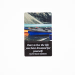 Dare to Live the Life metal bookmark, Emerson quote on black aluminum, canoes on a lake photo
