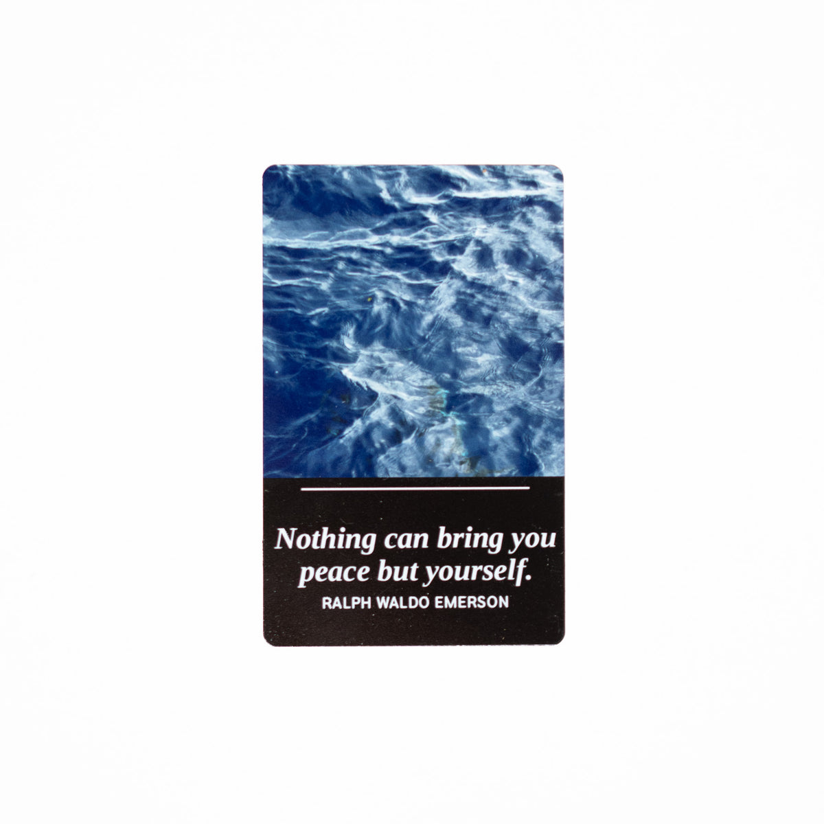 Nothing Can Bring You Peace metal bookmark, Emerson quote on black aluminum, ocean water photo