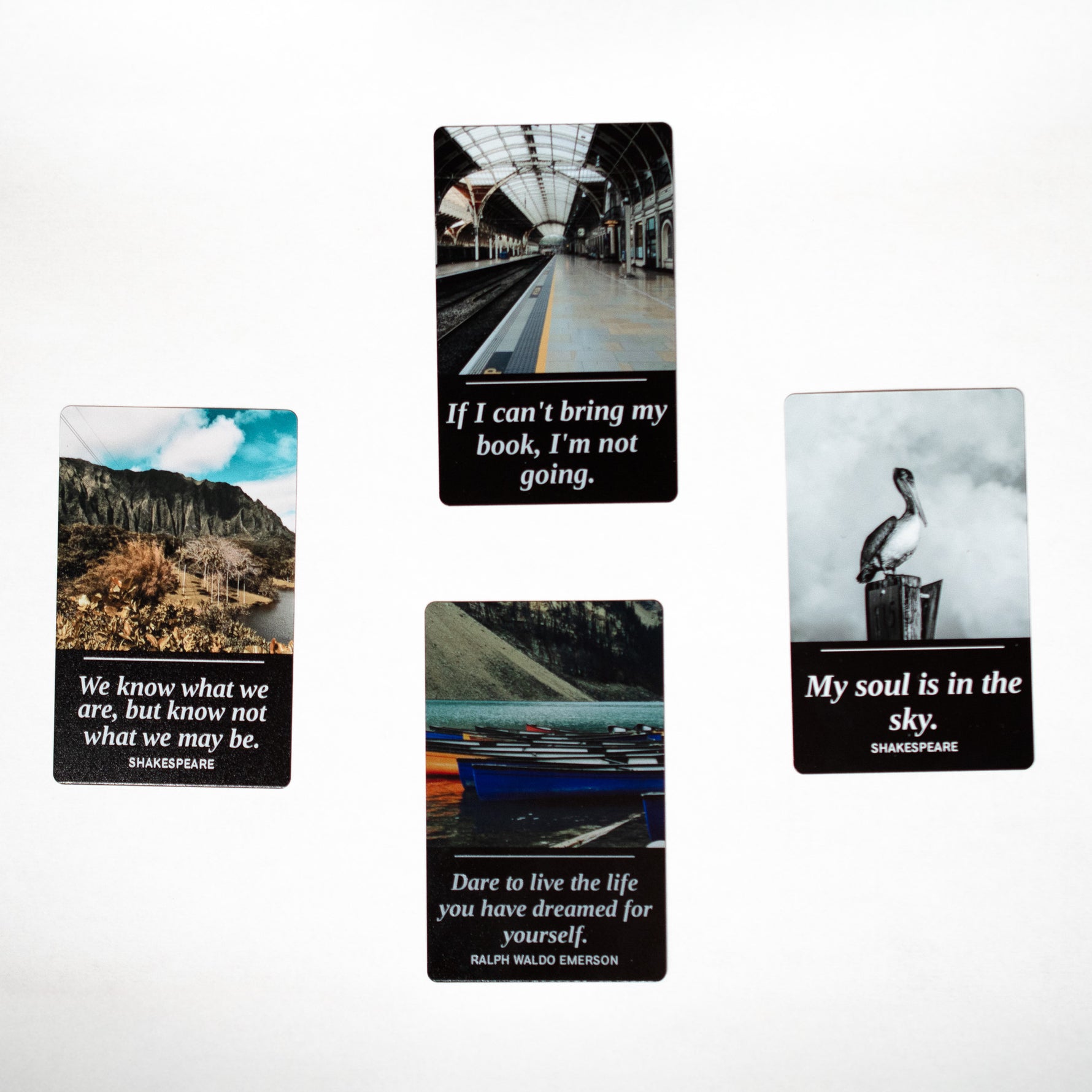 Four UV metal photo bookmarks arranged on white, PRWMade collection