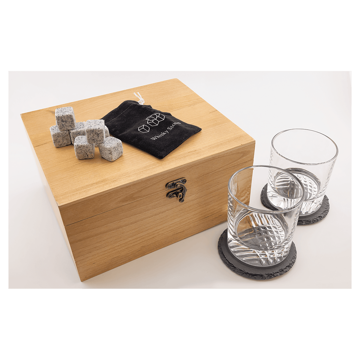 Red Alder Whiskey Set with Two Glasses, Slate Coasters and Whiskey Stones
