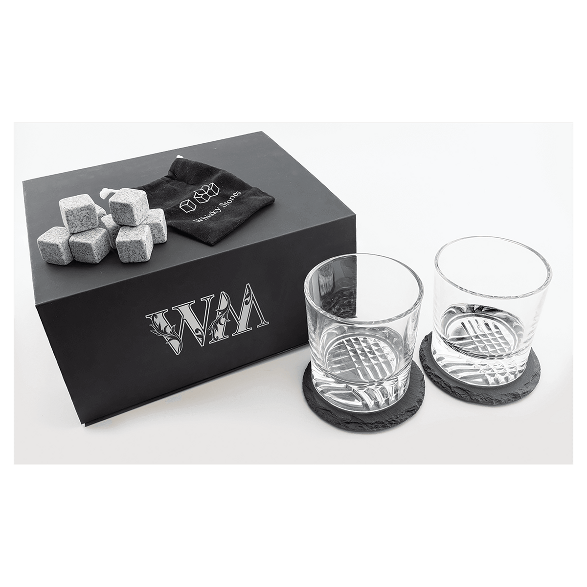 Lazerburst Whiskey Set with Two Glasses, Slate Coasters and Whiskey Stones