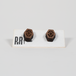 Walnut wood stud earrings with laser-engraved geometric design, hypoallergenic posts, displayed on PRW Made branded card.