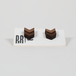 Walnut wood stud earrings with geometric laser-engraved designs, matte finish, presented on a white PRW Made logo card.