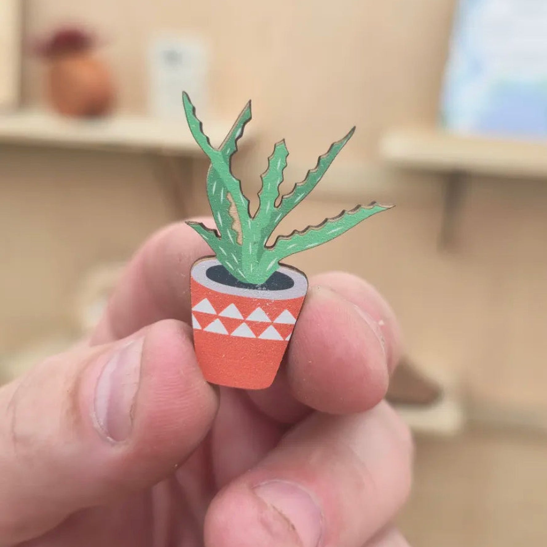 Aloe succulent cherry wood magnet with orange terracotta triangle pattern pot, UV printed
