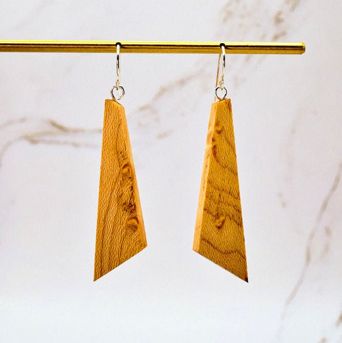 Ascent angled drop earrings in Cedar wood, lightweight geometric design by PRWMade