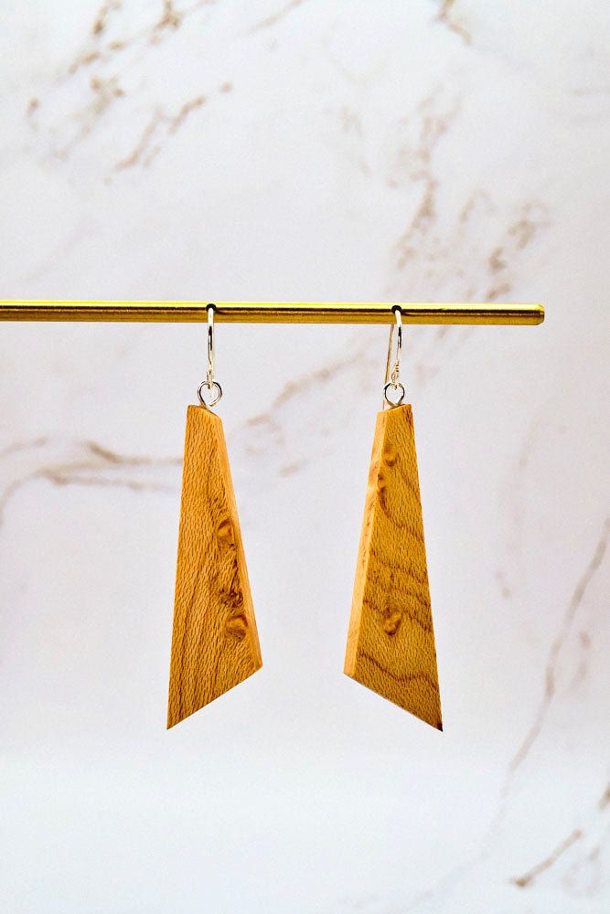 Ascent angled drop earrings in Cedar wood, lightweight geometric design by PRWMade