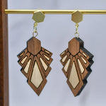 Art Deco wood earrings in Walnut, geometric angular design with gold-plated earwire