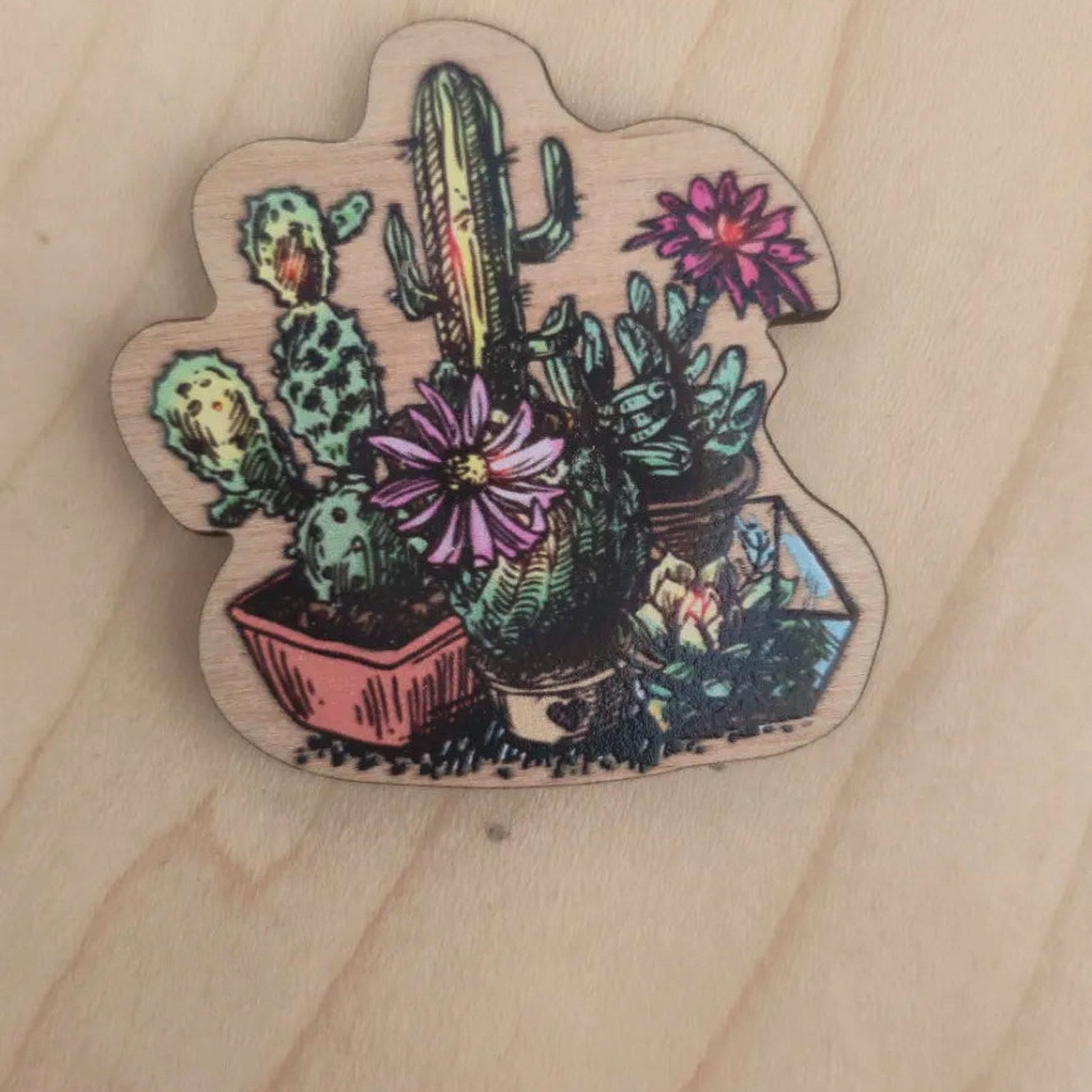 Cactus garden cherry wood magnet sample from Plant Lover wholesale pack