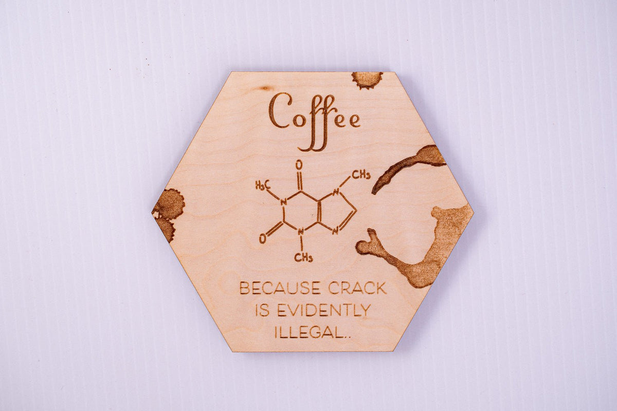 Caffeine molecule wood coaster laser-engraved on Maple with cork backing, handmade in Ohio