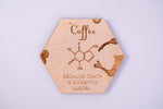 Caffeine molecule wood coaster laser-engraved on Maple with cork backing, handmade in Ohio