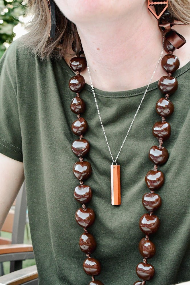 Drop inlay bar necklace in Walnut with Chakte Kok wood accent, sterling silver chain