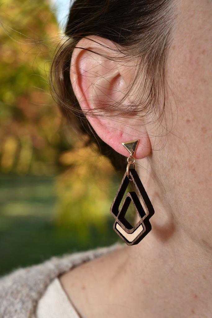 Chevron wood earrings with Walnut and Maple inlay, lightweight dangle design with gold-plated earwire