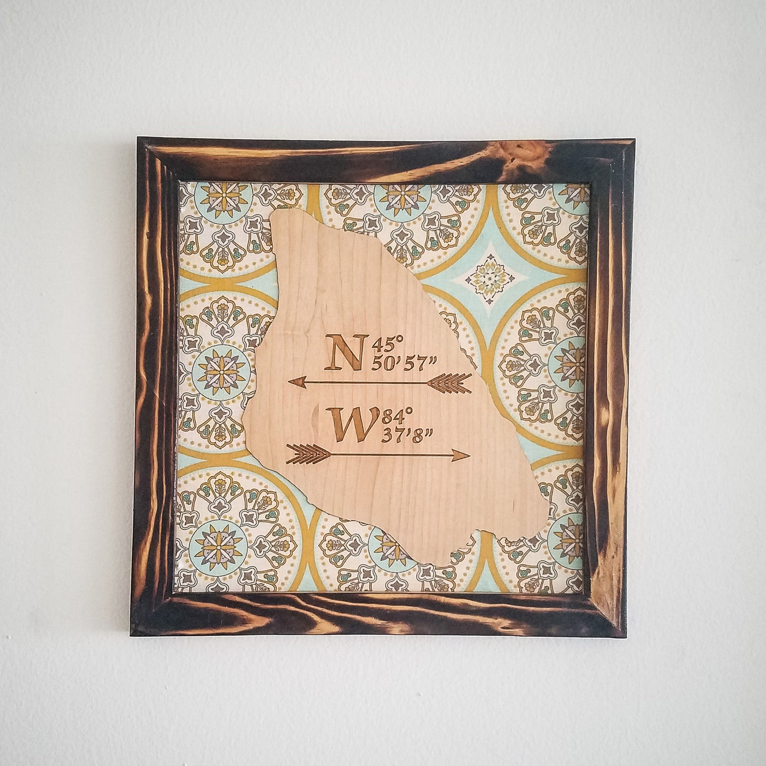 Custom coordinates wall art with Shou Sugi Ban finish, personalized state map engraved on wood