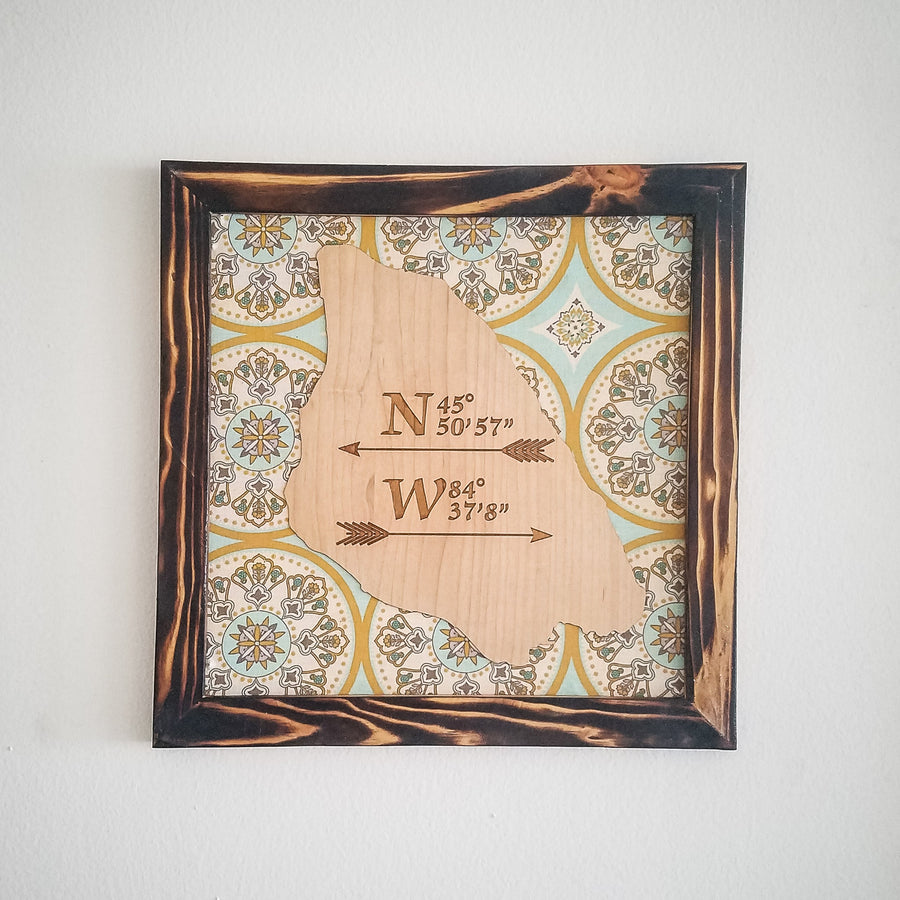 Custom coordinates wall art with Shou Sugi Ban finish, personalized state map engraved on wood