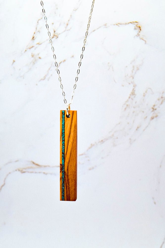 Stone inlay bar necklace in Walnut with crushed stone accent, sterling silver chain