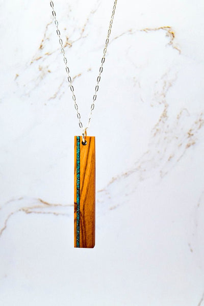 Stone inlay bar necklace in Walnut with crushed stone accent, sterling silver chain
