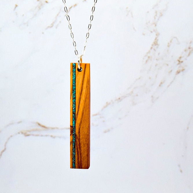 Stone inlay bar necklace in Walnut with crushed stone accent, sterling silver chain