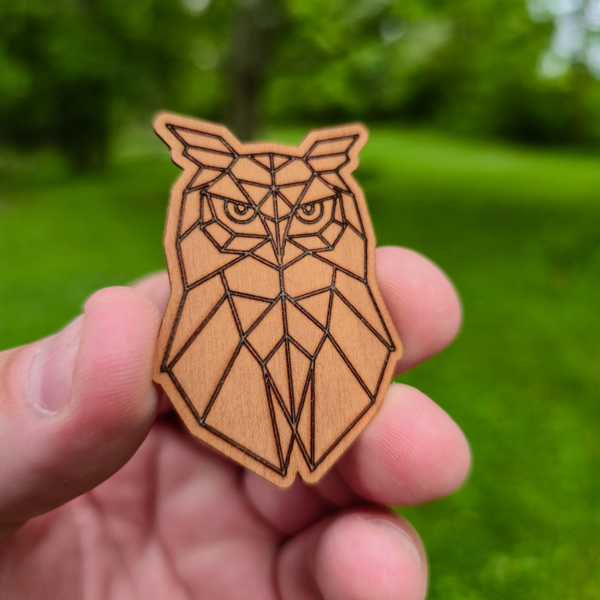 Wooden owl-shaped sticker held in a hand with a green blurred background