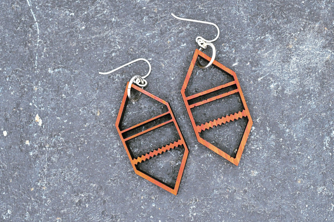 Hexagonal earrings in Chakte Kok red heart wood, geometric six-sided design by PRWMade