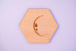 Maple hexagon coaster with laser-engraved waning crescent moon by PRWMade
