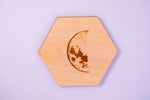 Maple hexagon coaster engraved with a waxing crescent moon, handmade wooden drink coaster