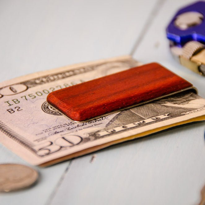 Personalized wood money clip in Chakte Kok red heart, custom laser engraving available