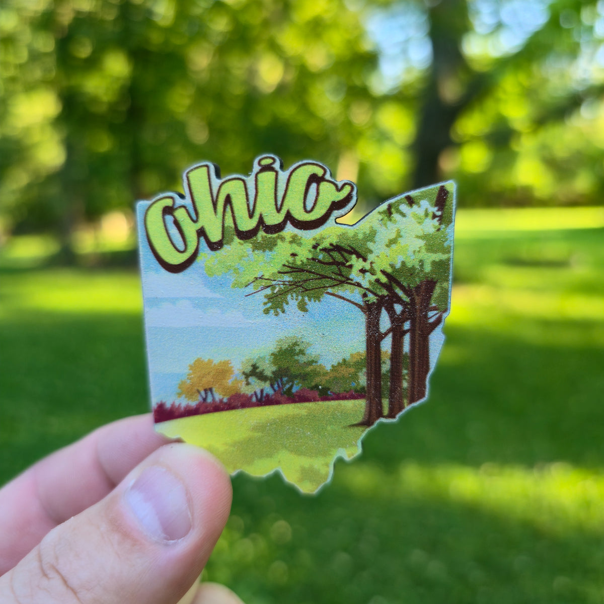 Magnet shaped like the state of Ohio held in front of a green, outdoor background.