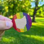 Ohio Pride circular magnet with a star design held in front of a green outdoor background